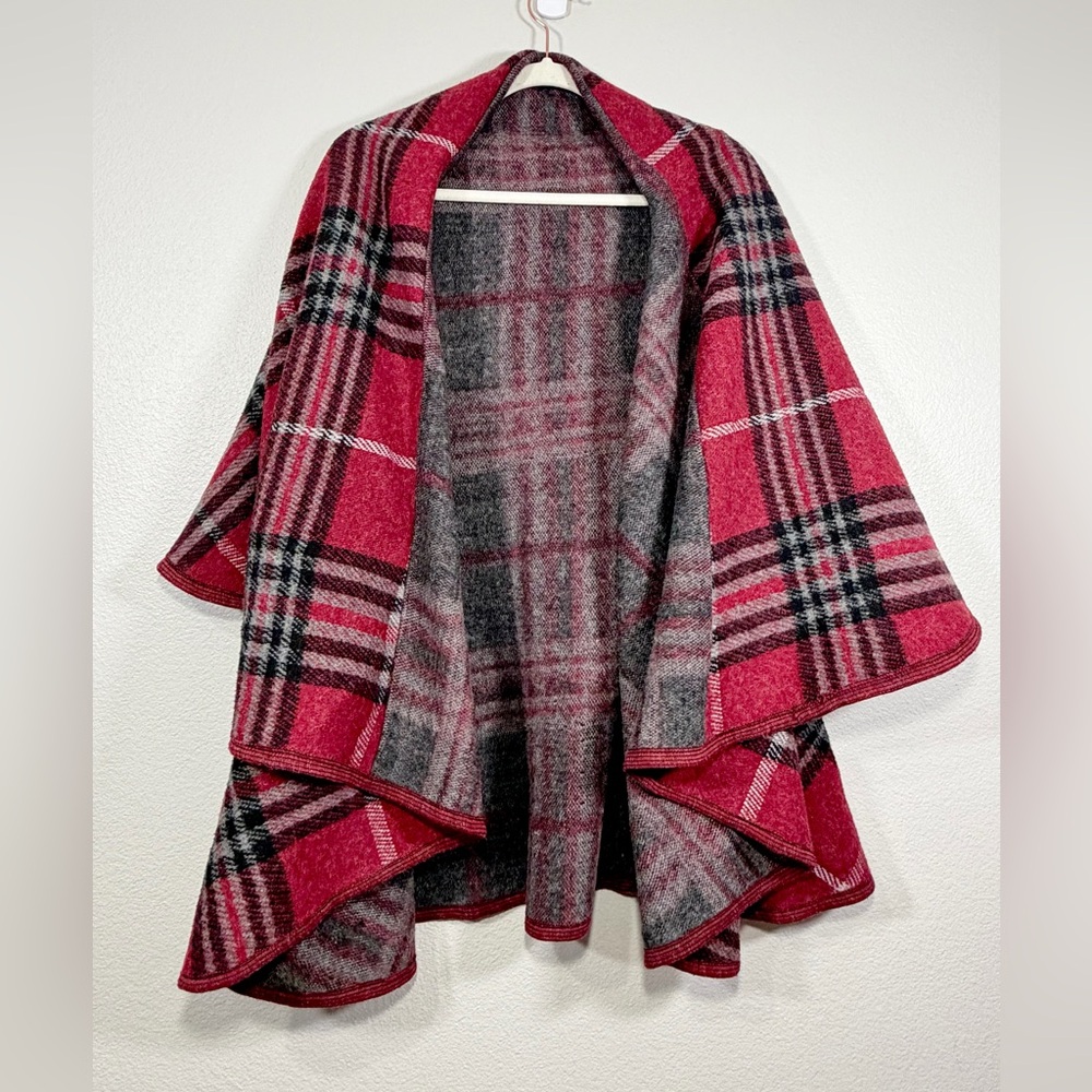 Poncho Wrap Shawl Cape Reversible Wool-Blend Red Gray Black Plaid Warm Women OS